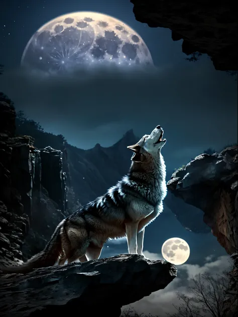 Wolf howl、Barking at the full moon、on a cliff、sideways Facing