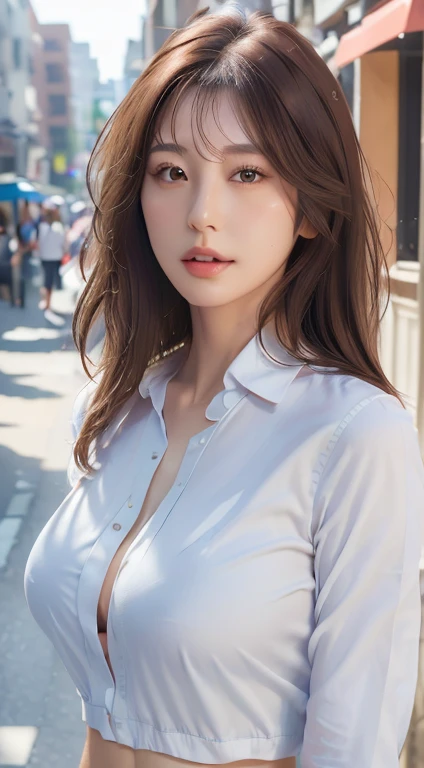 ((Best quality, 8k, Masterpiece :1.3)), Sharp focus :1.2, A pretty woman with perfect figure :1.4, Slender abs :1.2, ((Dark brown hair, Big breasts :1.2)), (White button up long shirt :1.1), City street:1.2, Highly detailed face and skin texture, Detailed ...