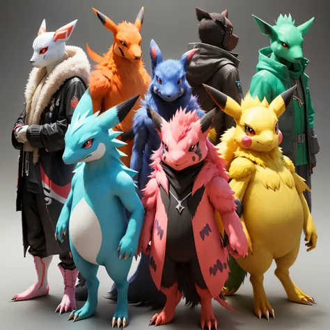 Ultra-realistic 3D rendering of a group of colorful Pokemon, Each has its own color and design, By artist Tomasz Jedruszek, (8K), Concept art, digitally painted