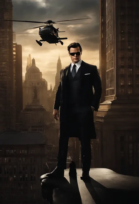 A photo of Bruce Wayne taking a scenic helicopter ride over Gotham City,Batman,Bruce Wayne, the man behind the Batman persona, is a striking figure with a tall, athletic build and sharp, handsome features, often dressed in the finest suits as befitting his...