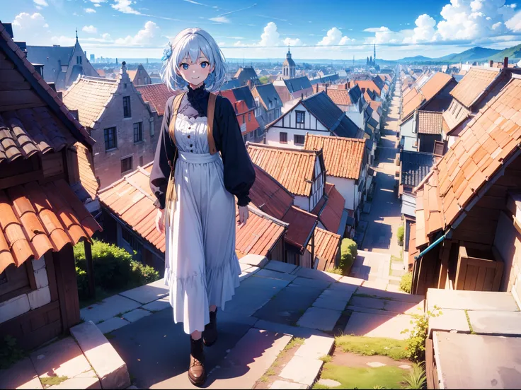 1 cute girl , walking at a high place , ((character focus)), close to viewer , (from above:0.8) , Dutch angle , smile, old townscape in the distance, blue sky,high resolution,(incredibly absurdres) ,extremely detailed CG unity 8k wallpaper, ((masterpiece))...