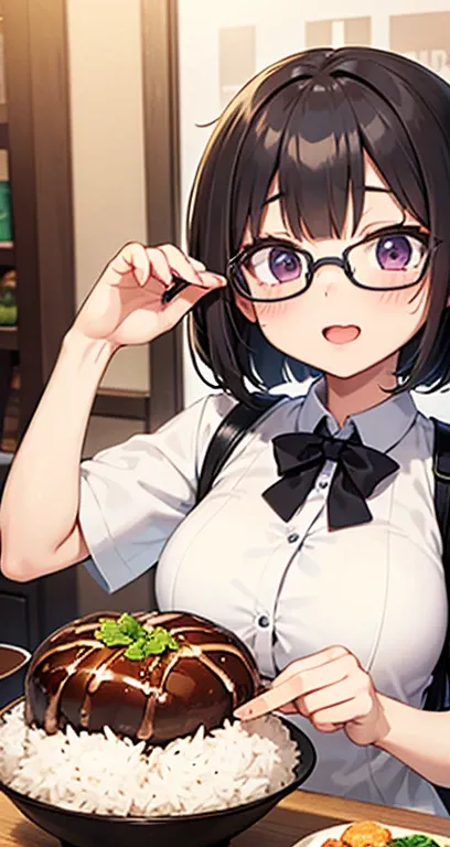 kawaii girl、bob、eye glass、Hamburg steak、Large serving of rice