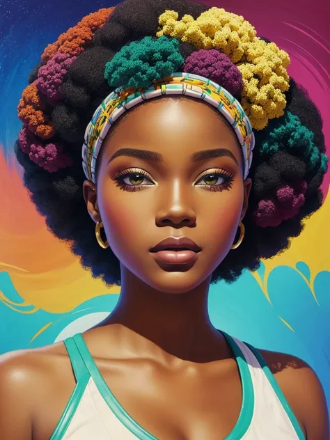 pintura de uma mulher com uma flor em seu cabelo, arte vetorial por chinwe chukwuogo-roy, trending on artstation, afrofuturismo,...