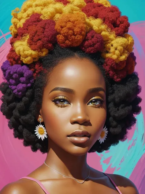 pintura de uma mulher com uma flor em seu cabelo, arte vetorial por chinwe chukwuogo-roy, trending on artstation, afrofuturismo,...