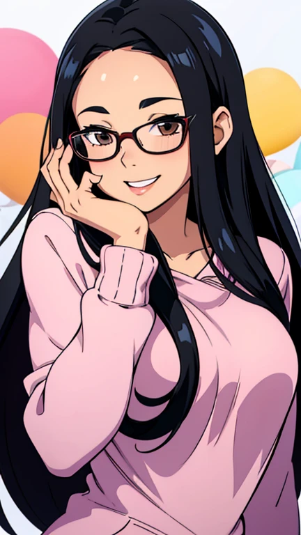 Profile picture, One Girl with black straight hair, straight hair, shoulder lenght hair. Brown eyes, wearing glasses, hair parted in middle, no bangs, no fringe, hair parted in center, round face, little chubby. Happy and smiling. Laughing face, Cute pose,...