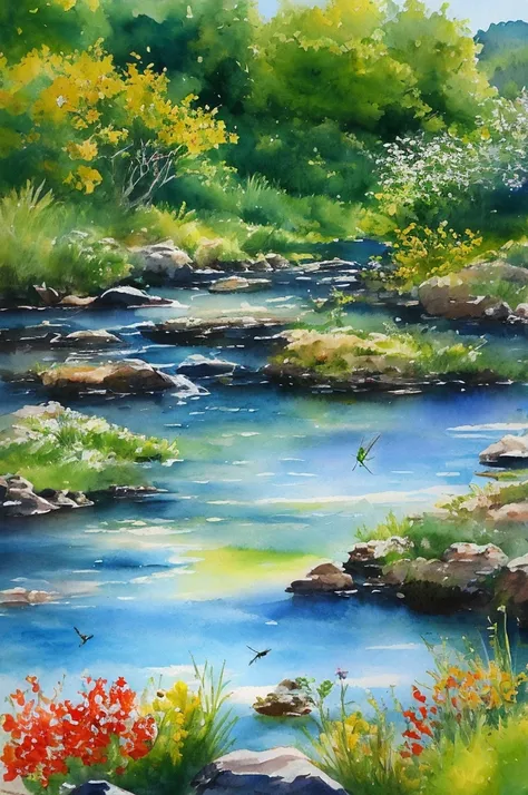 biotope landscape painting,aquarelle.Biodiversity,Rear stick,8k,realistic,Parent and child observing,Narrow range,killifish,a dragonfly,water plants,