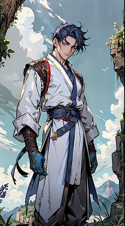 a young man, indigo blue hair, raised and fluffy short hairstyle, sharp gaze, a serious expression, a fantasy martial arts style...