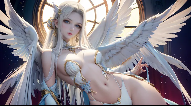 Masterpiece,High quality,Perfect face,Beautiful face,Cinematic lighting,Cinematic bloom,(angel, Angelic, Angel wings, elegant, Beautiful, Pale skin),fantasy,Exotic,NSFW,Sexy,Gorgeous,Gorgeous costumes,Hot,Attractive,Big breasts,Skinny,Perfect female body,(...