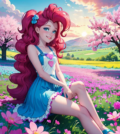 My little pony pinkie pie, pinkie pie, pinkie pie in the form of a girl, long dark pink hair, blue eyes, long pink and blue frilly dress, white frilly thigh high, small pink heels, blue sky, pink clouds, ((sitting in a pink and blue flower field)), staring...