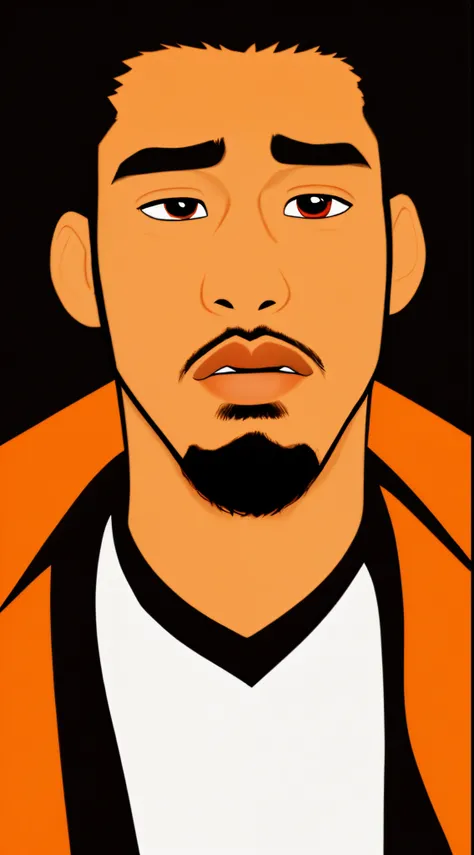 pixar style, young man, brown skin, staring seriously in the camera, dark background, orange shirt, close-up, short black hair