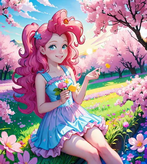 My little pony pinkie pie, pinkie pie, pinkie pie in the form of a girl, long dark pink hair, blue eyes, long pink and blue frilly dress, white frilly thigh high, small pink heels, blue sky, pink clouds, ((sitting in a pink and blue flower field)), staring...