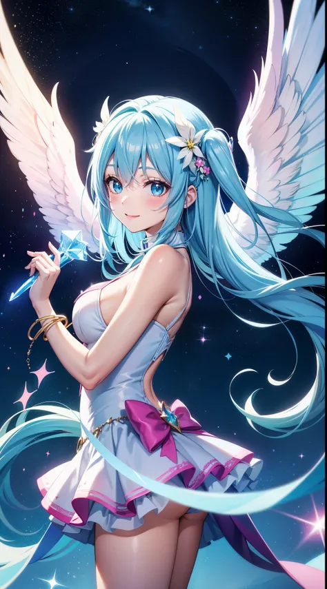 Super Idol　a beauty girl　A charming smile　sky blue hair　length hair　Twin-tailed　Glittery bright pink and white and blue and yellow outfit　facing front　Angel wings on background　Mystical　Fantasia　constellation　a moon　Crystal Brilliance　Aurora Borealis in th...