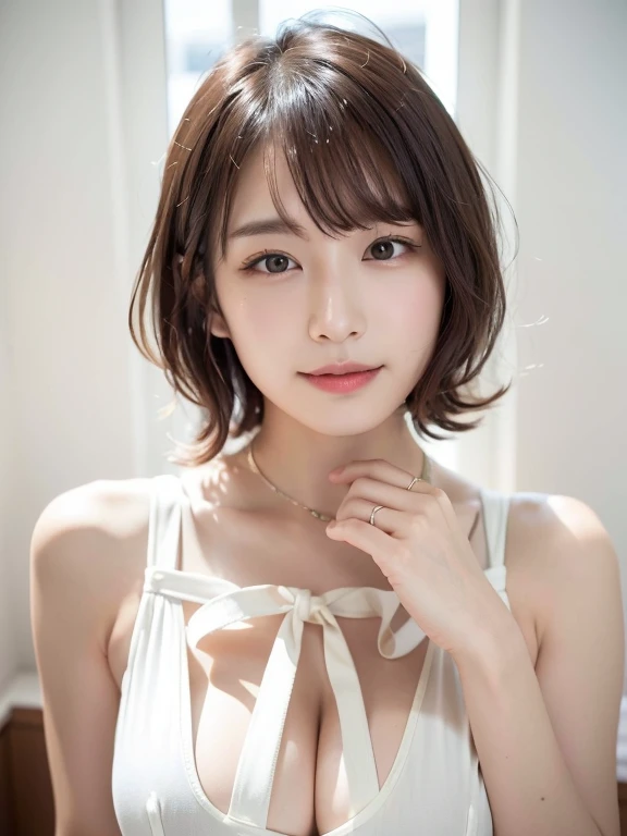 (The Highest Quality, 8k, 32k, masuterpiece, ws:1.2), 18歳、Photo of PrettyJapanese woman, large breasts, very short bob hair, total body, face focus, Luxury school uniforms:1.3, necklaces、, simple Backgrounds, from ABOVE, Look at the Viewer,korean idol、Nogi...