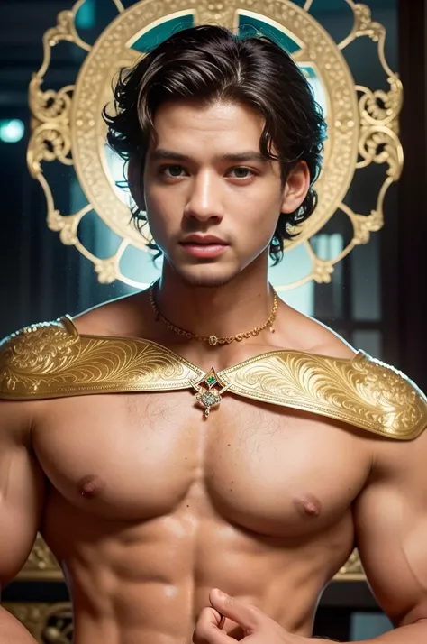 oil painting, by alphonse mucha; greg rutkowsky; charlie bowater; john william waterhouse;, mythology, intricate detail, elegant, highly detailed, studio lighting, medium shot, shoulder angles, handsome, masculine, majapahit prince, 22 yo, of A muscular ma...