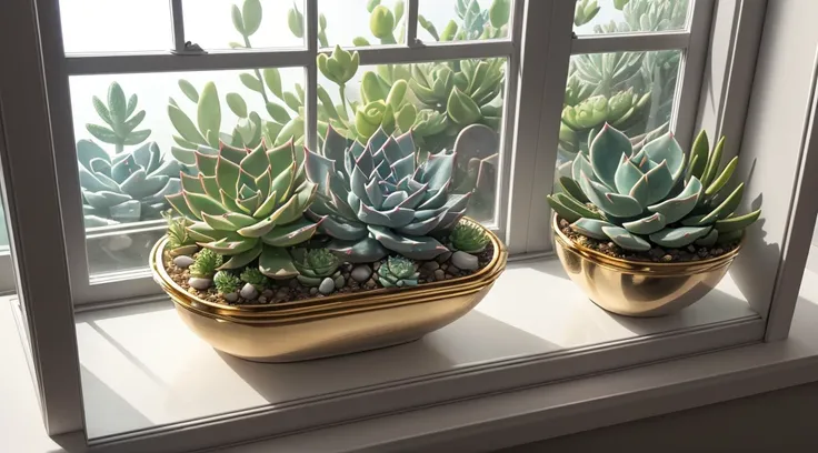 (tmasterpiece, Best quality at best, ultra - detailed),Succulents，silver wave gold，The windowsill is covered with succulents，crystal，light blue white