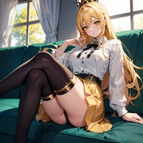 "anime girl, 1 person, bright blonde hair, yellow eyes, crown on head, womens shirt, office uniform, big breasts, tights, sitting on sofa, sitting cross-legged, chin in hand, looking ,  character perspective, solo, (full HD 4K+ image)"