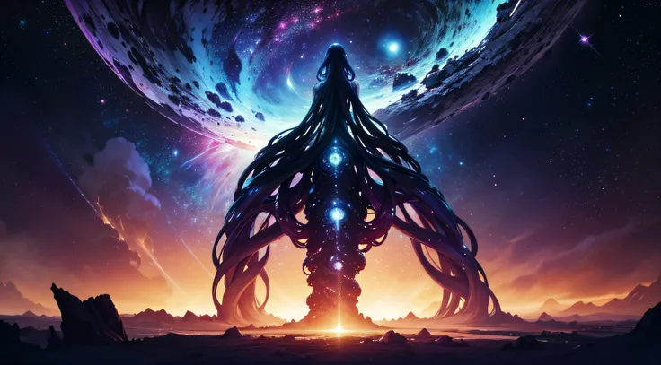 "cosmic entity": um ser com quatro olhos brilhantes, multiple arms, Stunning view from space reveals a twisted galaxy，filled with strange life forms and entities beyond human comprehension. Planets and night sky, slit, leviathan, 8K, the good, dramatic sce...