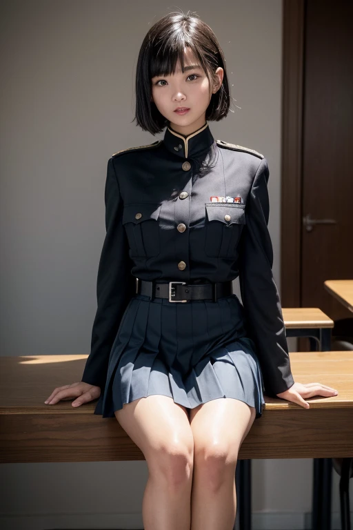 【Highest Resolution, Distinct_image】Best Quality, Masterpiece, High Picture Quality, Semi-Reality, Black Hair Short Haired Woman,, Triple Bang, Blue Uniform, Blue Pleated Skirt, Military Uniform, POV, Military School, Meal, Lunch, With Classmates