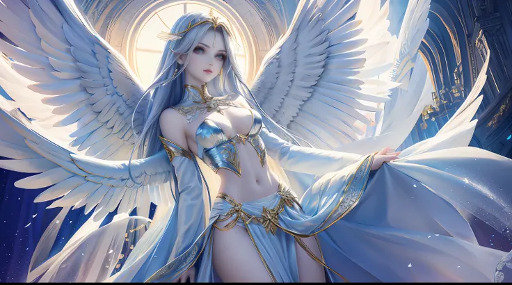 Masterpiece,High quality,Perfect face,Beautiful face,Cinematic lighting,Cinematic bloom,(angel, Angelic, Angel wings, elegant, Beautiful, Pale skin),fantasy,Exotic,NSFW,Sexy,Gorgeous,Gorgeous costumes,Hot,Attractive,Big breasts,Skinny,Perfect female body,(...