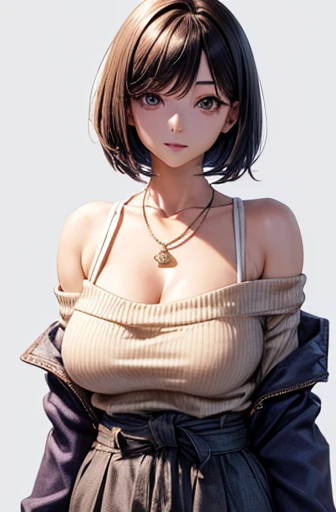 (Best Quality, 8K, 32K, masutepiece, nffsw:1.2),Photo of Pretty Japanese woman, Large breasts, Very short bob hair,Upper body,(Oversized_Sweaters,:1.1) Necklace, Simple background, looking at around