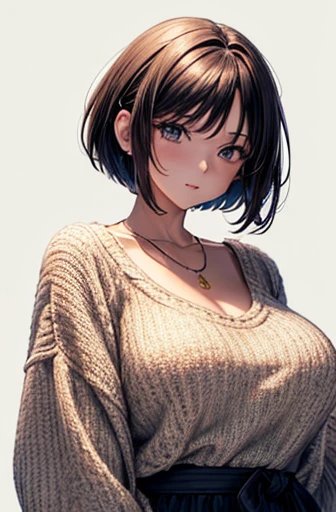 (Best Quality, 8K, 32K, masutepiece, nffsw:1.2),Photo of Pretty Japanese woman, Large breasts, Very short bob hair,Upper body,(Oversized_Sweaters,:1.1) Necklace, Simple background, looking at around