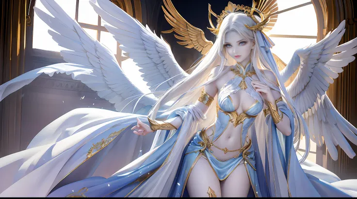 Masterpiece,High quality,Perfect face,Beautiful face,Cinematic lighting,Cinematic bloom,(angel, Angelic, Angel wings, elegant, Beautiful, Pale skin),fantasy,Exotic,NSFW,Sexy,Gorgeous,Gorgeous costumes,Hot,Attractive,Big breasts,Skinny,Perfect female body,(...