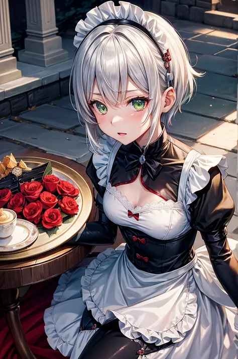 masutepiece, Best Quality, Illustration, 1girl in, Noel Genshin Impact, short silver hair, Green eyes, Maid skirt with red side parts, Maid Night, Made of night armor, Castle Bridge, Water,