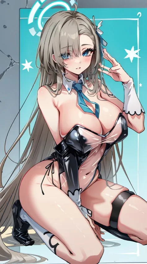 (A high resolution), (Ridiculous resources), (Best quality at best), (high high quality), (tmasterpiece), 1 plump girl, Asuna, eBlue eyes, Long gray hair, The halo, hair covering one eye, Very long hair, Light brown hair, (Large breasts, The cracks are rel...