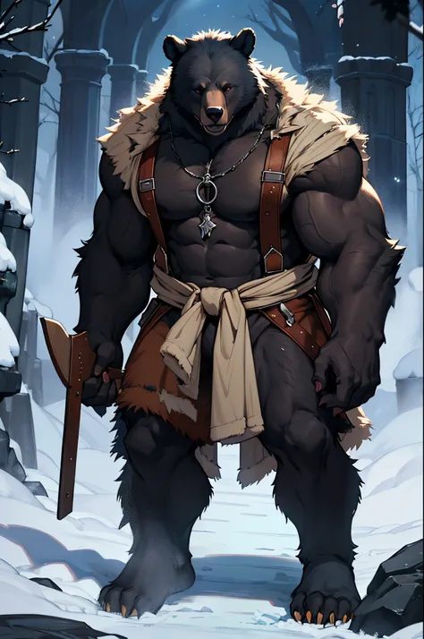 black bear, werewolf bear, (black skin:1,6), all covered with wool, dressless, medieval times, bear, bear on two legs, a bear co...