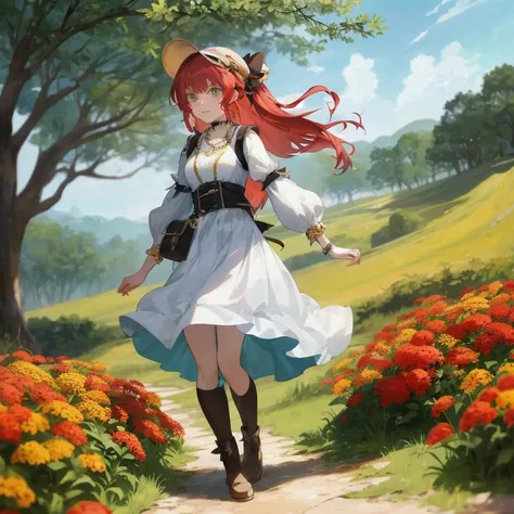 An anime girl wearing a white dress and hat is walking down the road, cushart krenz key art feminine, guweiz on pixiv artstation, Trending on ArtStation pixiv, Rin, anime lush john 8k woods, Official art, anime countryside landscape, anime fantasy illustra...