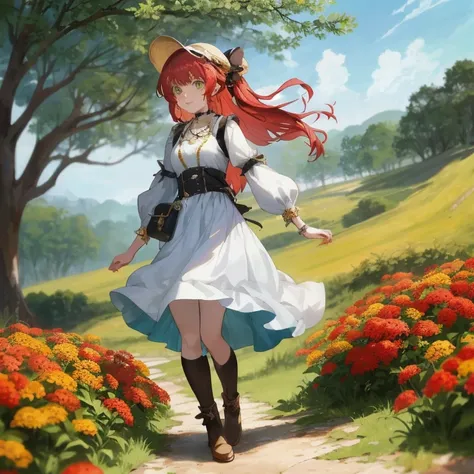 An anime girl wearing a white dress and hat is walking down the road, cushart krenz key art feminine, guweiz on pixiv artstation, Trending on ArtStation pixiv, Rin, anime lush john 8k woods, Official art, anime countryside landscape, anime fantasy illustra...