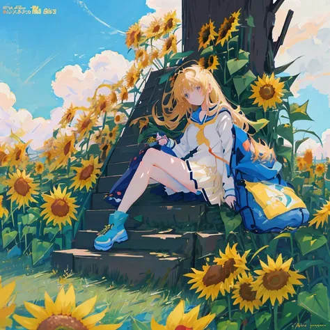 anime girl sitting on the ground with a flower in her hand, Beautiful sunflower anime girl, blonde anime girl with long hair, anime style 4 k, High quality anime art style, anime wallaper, hd anime wallaper, Anime Girl with Long Hair, Anime Best Girl, Anim...