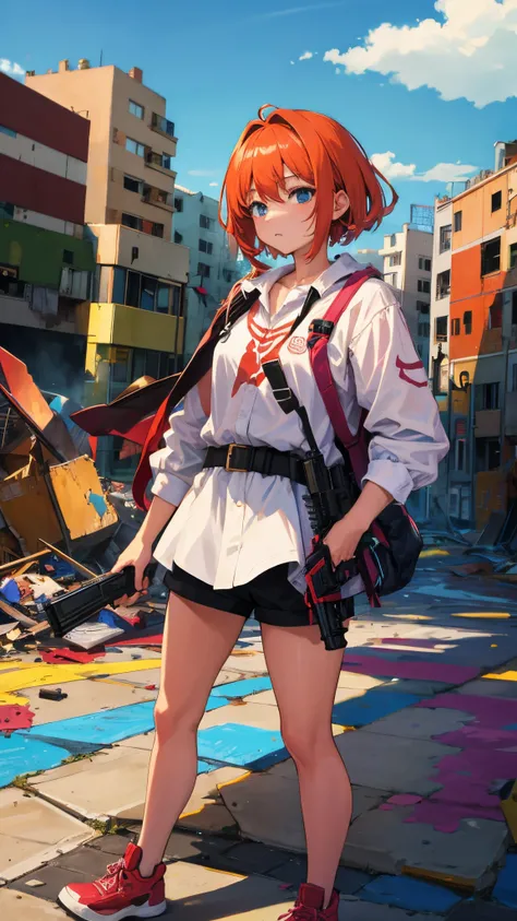 （​masterpiece、top-quality：1.2）、colourfull、A girl standing with a gun in front of a destroyed cityscape