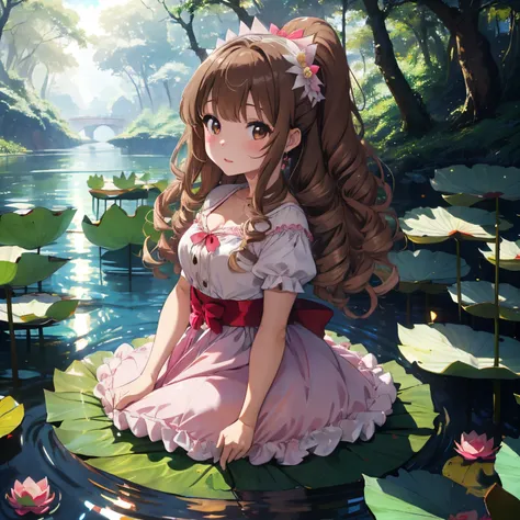 Beautiful river and big lotus leaves in the forest,lotus leaf boat,A little girl is riding on a lotus leaf boat。,Princess Oyayubi,fluffy voluminous hair,Pretty Princess,lightbrown hair,fluffy pink, white and red princess dress,Slight red tide,Kamimei,frog ...