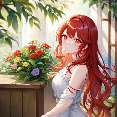 red hair anime girl with a bouquet of flowers, with flowers, guweiz on pixiv artstation, Beautiful Anime Portrait, guweiz on artstation pixiv, Copper-haired maiden, Smooth Anime CG Art, painted in anime painter studio, marin kitagawa fanart, guweiz, Beauti...