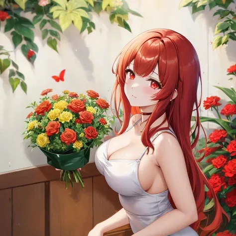 red hair anime girl with a bouquet of flowers, with flowers, guweiz on pixiv artstation, Beautiful Anime Portrait, guweiz on artstation pixiv, Copper-haired maiden, Smooth Anime CG Art, painted in anime painter studio, marin kitagawa fanart, guweiz, Beauti...