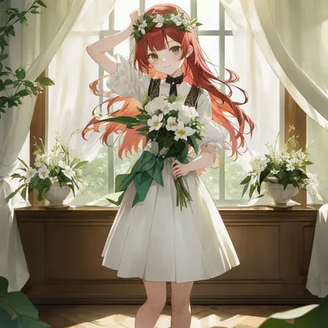 Anime girl with red hair and white dress holding a bouquet of flowers, Rin, Official art, anime key visual of elegant, marin kitagawa fanart, Anime visuals of cute girls, official artwork, portrait of Lolita, official anime artwork, epic light novel art co...