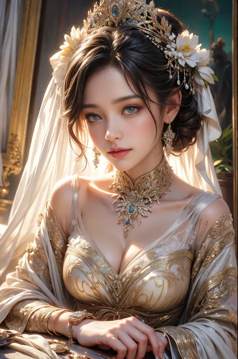 (best quality,4k,8k,highres,masterpiece:1.2), ultra-detailed, realistic, soft lighting, photorealistic, bokeh, vivid colors, fine brushstrokes, oil painting style, beautiful detailed eyes, elegant expressions, professional photography style, model-like app...