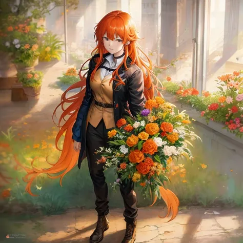 Anime girl with orange hair holding a bouquet of flowers and cookies, guweiz on pixiv artstation, guweiz on artstation pixiv, guweiz, made with anime painter studio, with flowers, painted in anime painter studio, high quality portrait, artwork in the style...