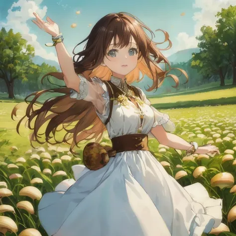 anime girl in mushroom field, girl dancing in a flower field, official art, official artwork, anime visuals of cute girls, high ...