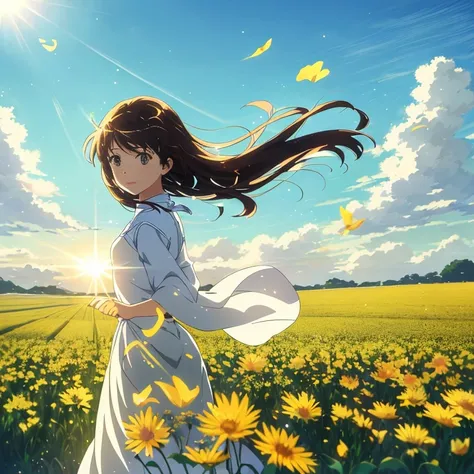 Anime girl running in a flower field with the sun in the background, Beautiful anime, daytime ethereal anime, ethereal anime, girl dancing in a flower field, the anime girl is running, beautiful anime artwork, beautiful anime art, beautiful anime scene, An...