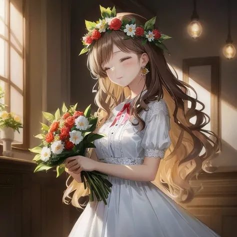 Anime girl with long hair and a flower crown with a bouquet of flowers, marin kitagawa fanart, loli in dress, kawaii realistic portrait, painted in anime painter studio, artwork in the style of guweiz, with flowers, Lori, guweiz on pixiv artstation, Beauti...