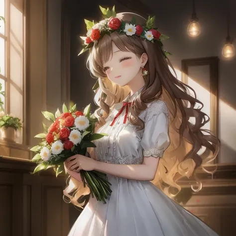 Anime girl with long hair and a flower crown with a bouquet of flowers, marin kitagawa fanart, loli in dress, kawaii realistic portrait, painted in anime painter studio, artwork in the style of guweiz, with flowers, Lori, guweiz on pixiv artstation, Beauti...