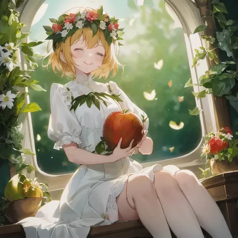 Anime girl with a flower crown holding an apple in front of the window, guweiz on pixiv artstation, Rin, splash art anime loli, Beautiful sunflower anime girl, guweiz on artstation pixiv, loli in dress, Lori, guweiz, Anime visuals of cute girls, artwork in...