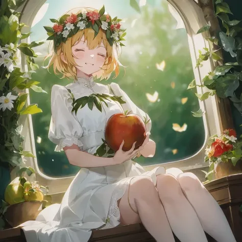 Anime girl with a flower crown holding an apple in front of the window, guweiz on pixiv artstation, Rin, splash art anime loli, Beautiful sunflower anime girl, guweiz on artstation pixiv, loli in dress, Lori, guweiz, Anime visuals of cute girls, artwork in...