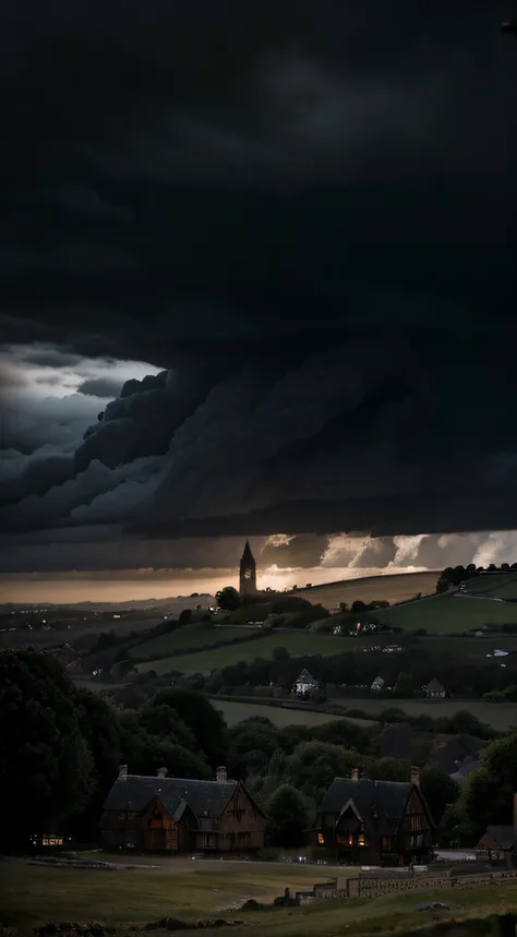 In the style of an engraving, a 17th-century village emerges in the distance beneath incredibly dark skies. Detailed etchings capture the essence of period architecture, with timber-framed houses and a distant church spire. The ominous heavens are rendered...