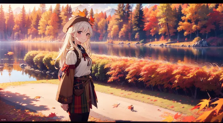 1 cute girl , (Canadian traditional costume), (standing Maple Route), (Heritage Highway), (Maple with autumn leaves),lake,from side ,cowboy shot, character focus, smile, cinematic lighting, rainbow , high resolution,(incredibly absurdres) ,extremely detail...