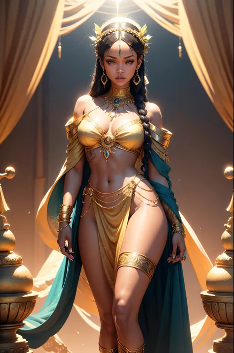 "Imagine an AI-generated artwork that transforms Rihanna into a majestic Greek goddess. Picture her draped in ethereal robes that cascade like ancient Grecian garments. Adorn her with divine accessories, such as a laurel wreath or intricate jewelry, reflec...