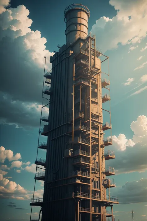 a very creepy looking tower with lots of tubes and pipes all over the place, no humans, sky, cloud, scenery, cable, industrial pipe