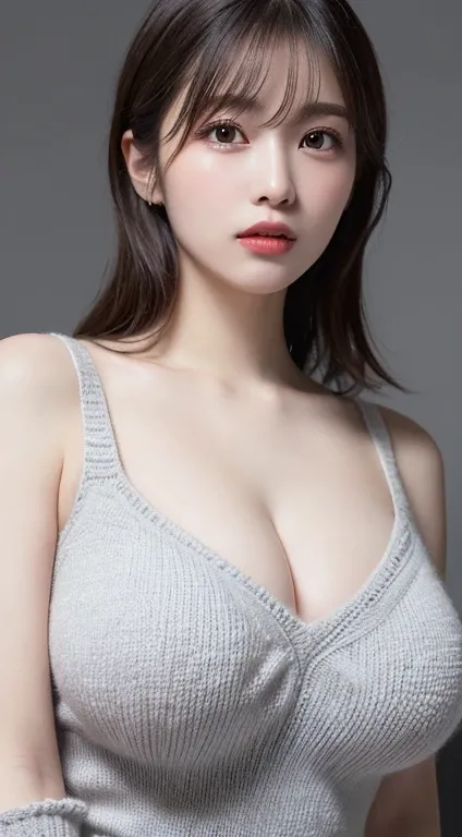 (8K, Raw photo, Photorealistic:1.25), masutepiece, Best Quality, Illustration, Ultra-detailed, delicate detail, hight resolution, 8K Wallpaper, Perfect dynamic composition, Beautiful detailed eyes, Natural Lip, (Sexy gray knitted dress:1.3), (((Huge breast...